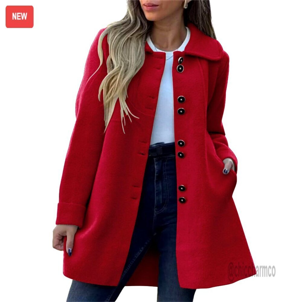 Women's Wool Pea Coat Single Breasted Lapel Collar A-Line Silhouette